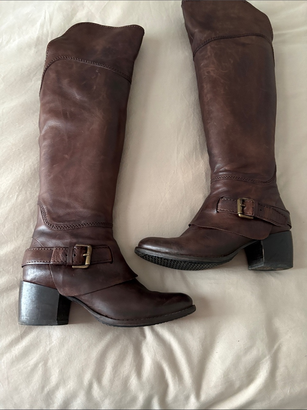 Women's Tall Brown Leather Boots with Buckle Accent